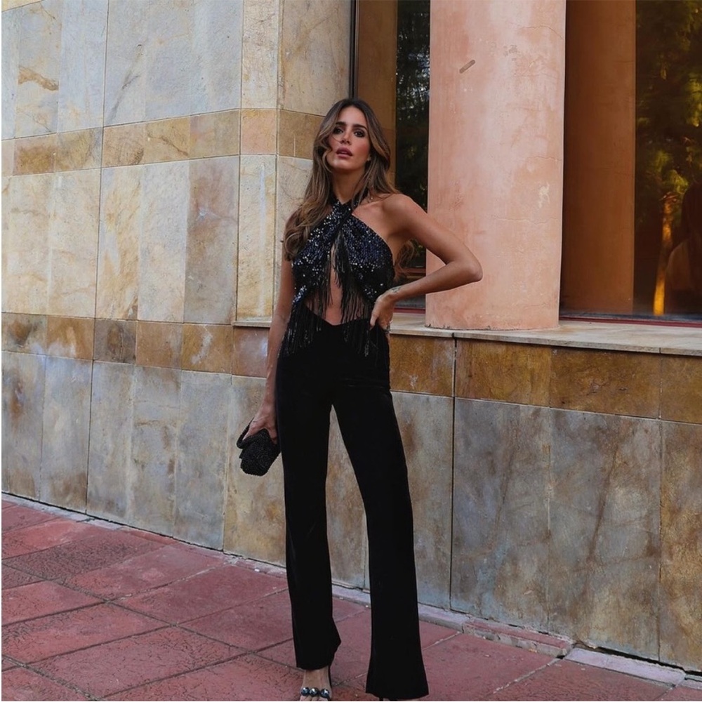 ZARA FRINGED SEQUIN HALTER NECK JUMPSUIT